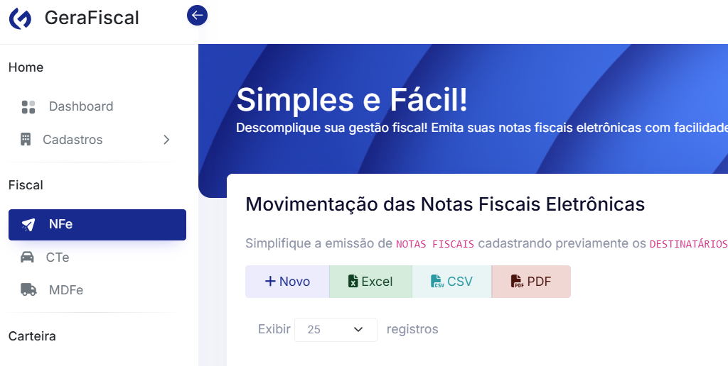 Tela de movimentação de NF-e