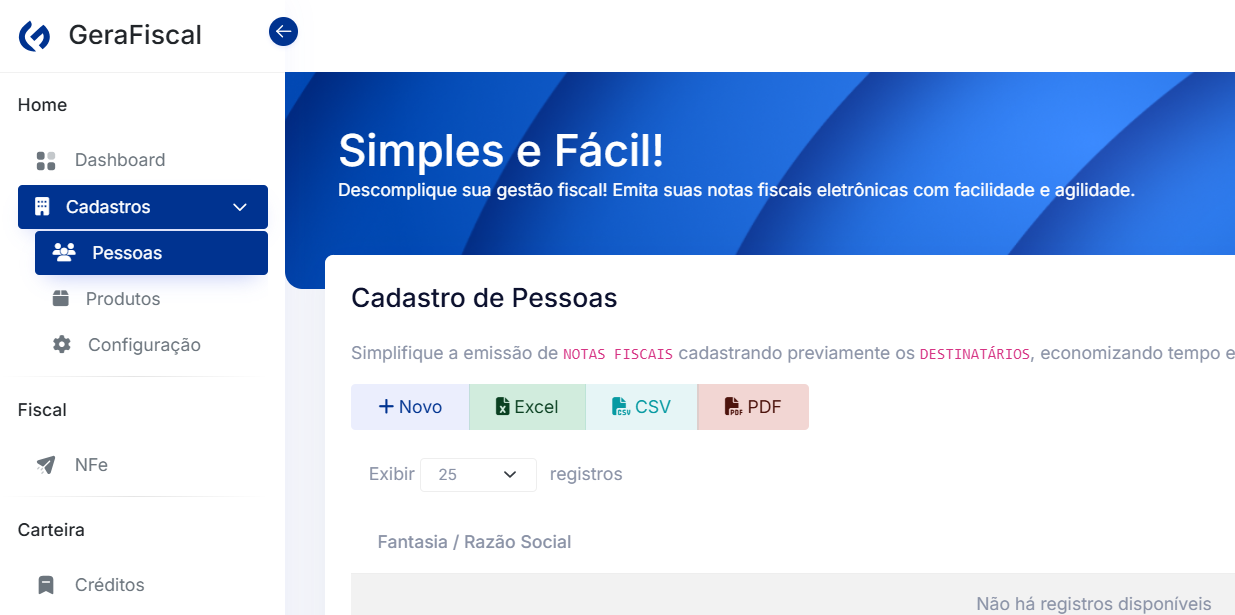 Tela de cadastro de pessoas