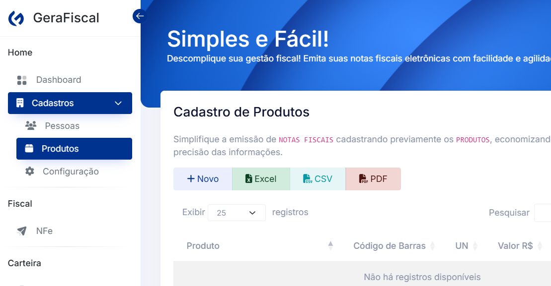 Tela de cadastro de produtos